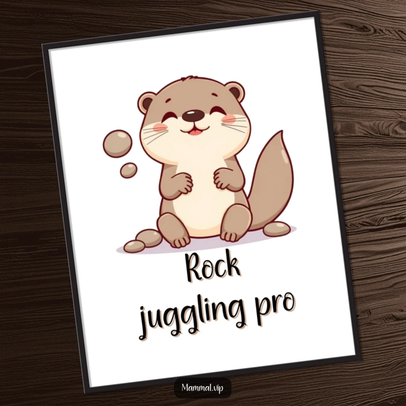 Funny digital art print of a joyful otter character expertly juggling smooth, round pebbles, full of personality.