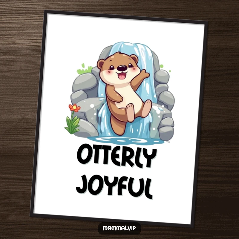 Funny otter sliding down a waterfall digital art print, depicting a playful character with glee, instant decor and funny gift.