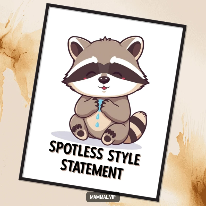 Funny raccoon digital art print featuring a charming illustration of a raccoon character washing its paws, ready to bring humor and personality to your space.