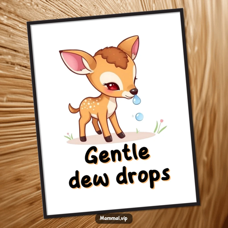 Funny shy deer fawn digital art print featuring a gentle character cautiously sniffing a dewdrop, evoking peace and natural beauty.