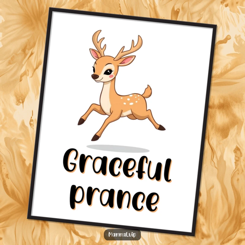 Funny digital art print of a happy deer character prancing with elegant leaps, a vibrant and charming illustration of nature.