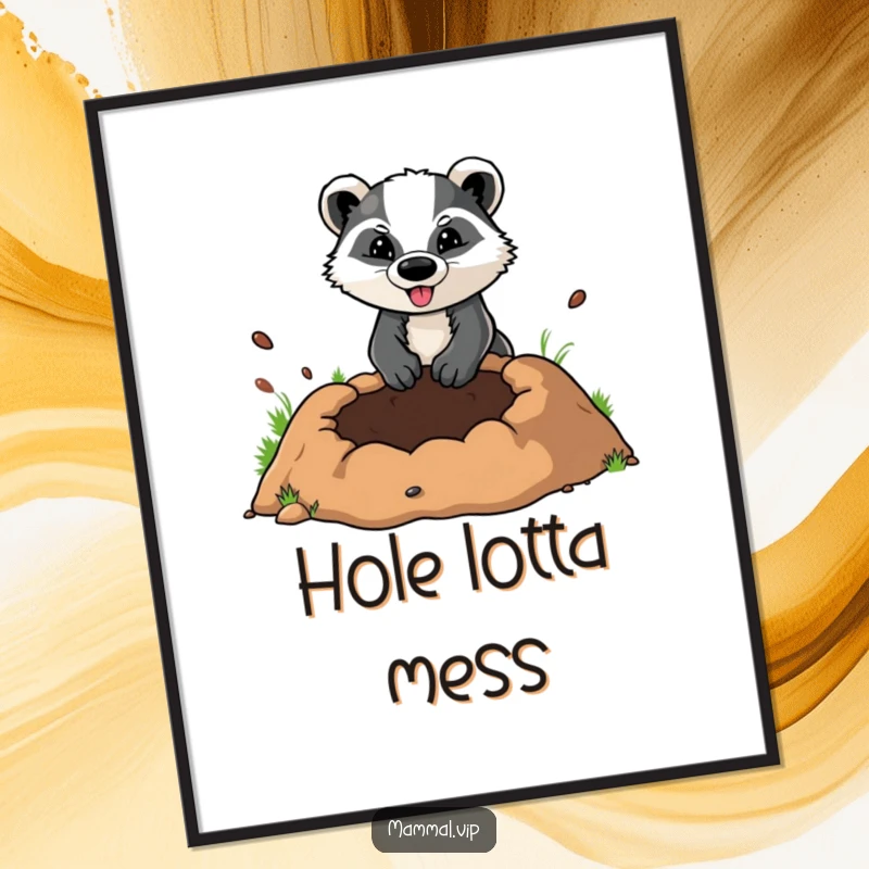 Funny digital art print of a determined badger character digging a large hole, a vibrant and humorous illustration of ambition.
