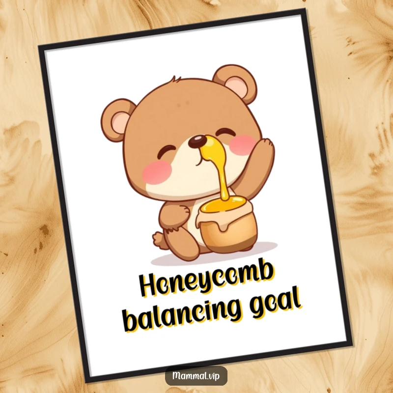 Funny Digital Art Print of a giggling bear character precariously balancing a honey pot on its nose, radiating pure joy.