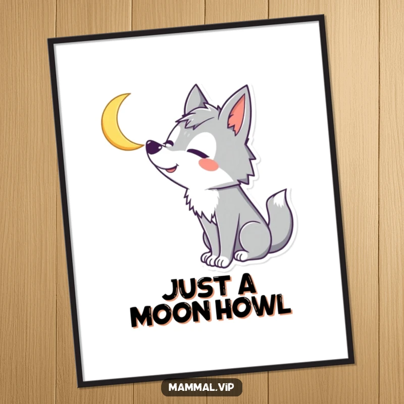 Funny Wolf Digital Art: A silly wolf character howls with a goofy smile at a crescent moon, a downloadable piece of humor.