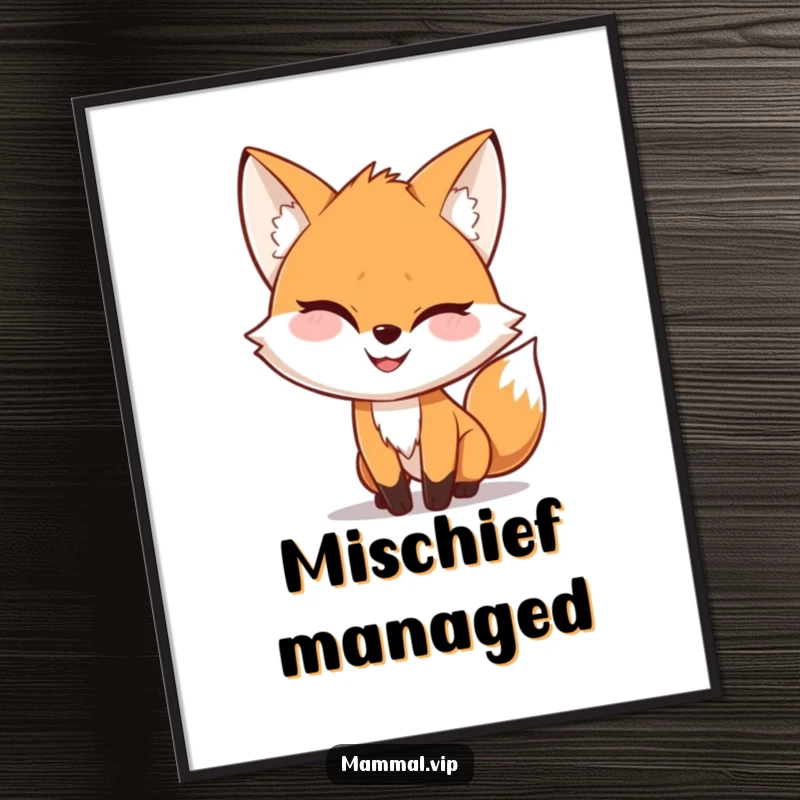 Funny Digital Art Print of a playful fox character with a mischievous grin, sneaking up with an air of cunning amusement.
