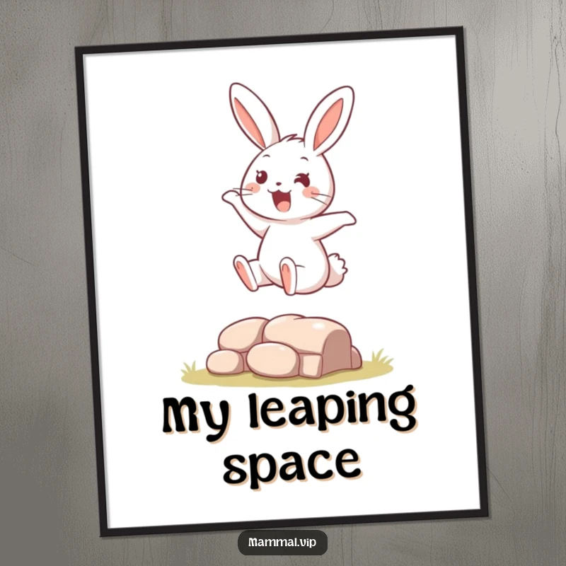 Funny Digital Art Print of a bouncy rabbit character humorously leaping over a small obstacle, capturing a moment of pure delight.