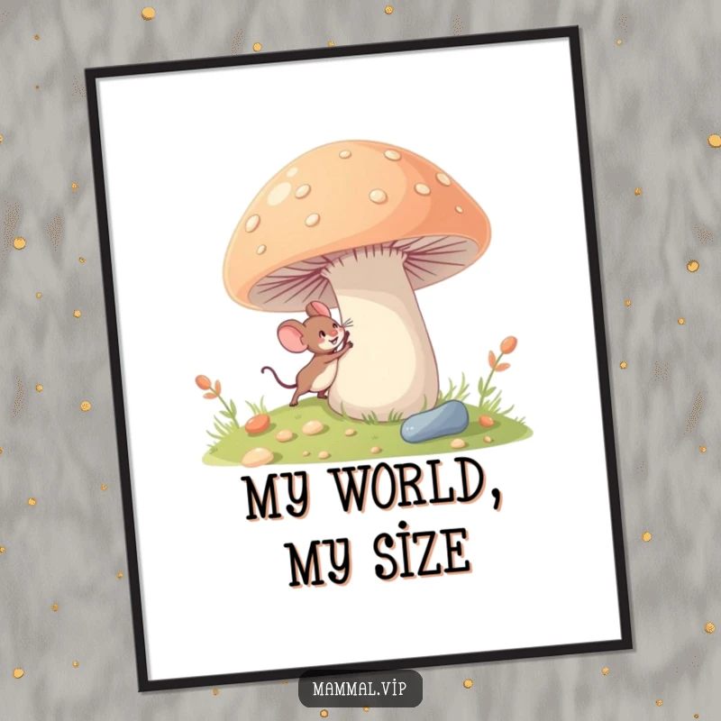 Funny tiny mouse digital art print of a character excitedly exploring a giant mushroom, perfect for immediate download and whimsical decor.