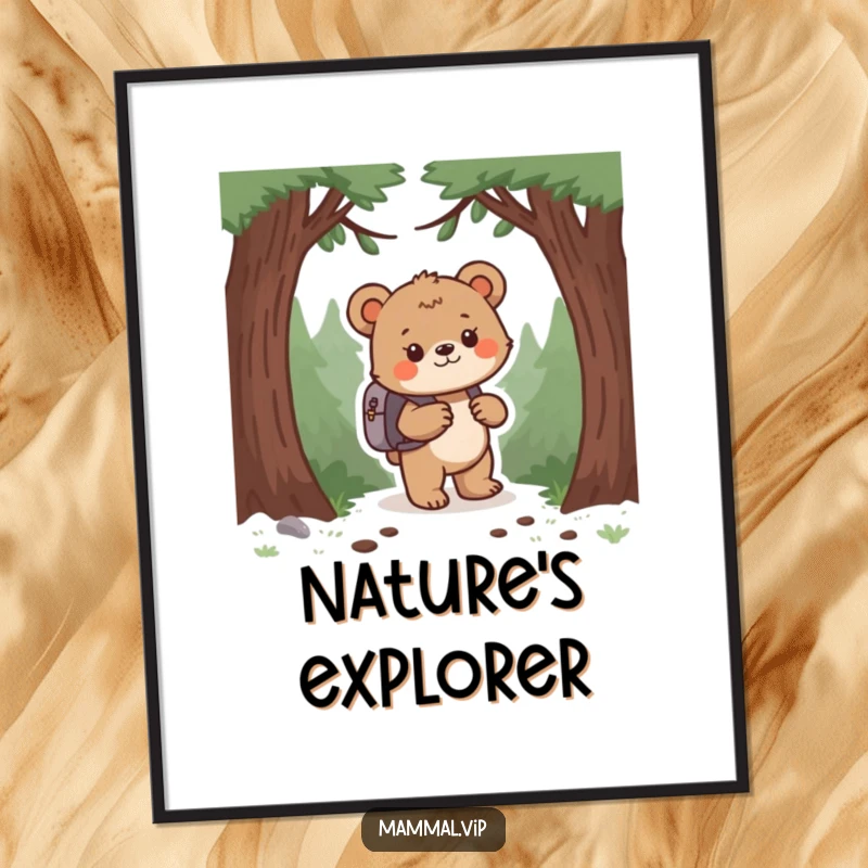 Funny bear cub with backpack exploring a forest, as a digital art print. Instant download for adventurous decor.