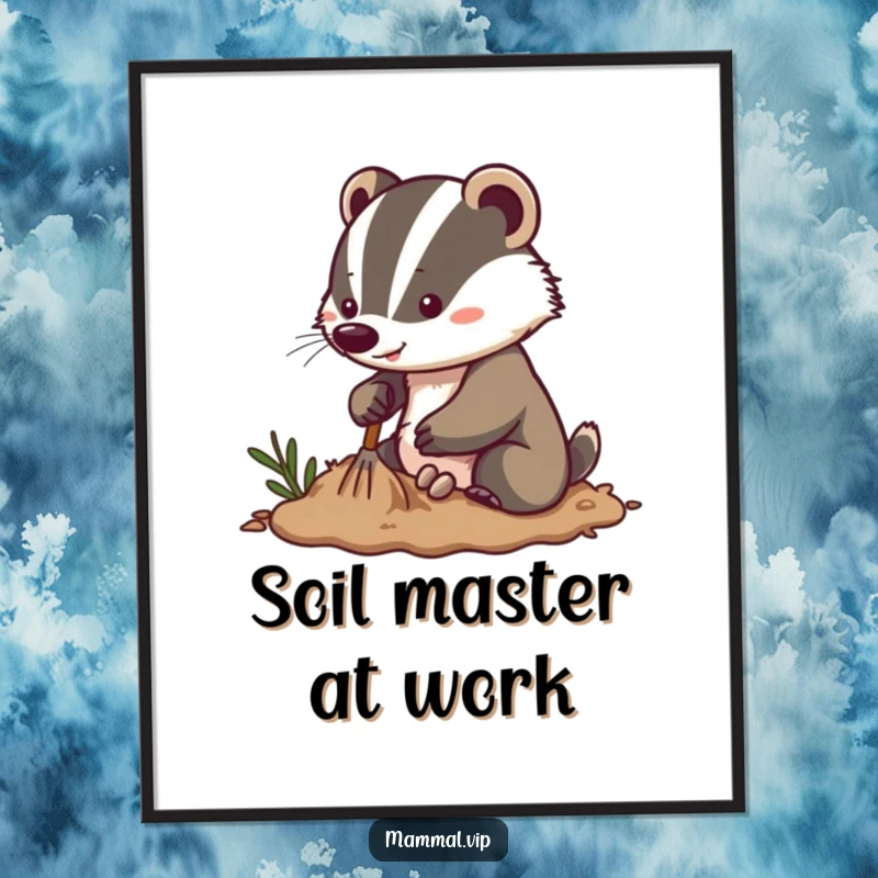 Funny energetic badger digital art print featuring a determined character digging enthusiastically in soft soil, embodying motivation and hard work.