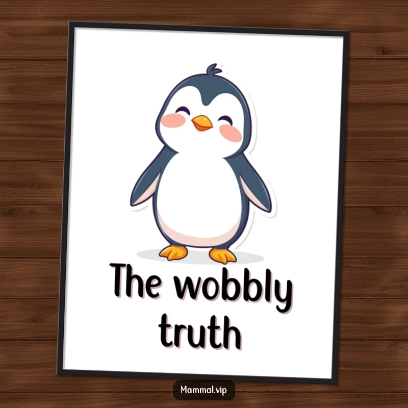 Funny digital art print of a wobbly penguin character trying to stand upright, bringing endearing humor to wall decor.