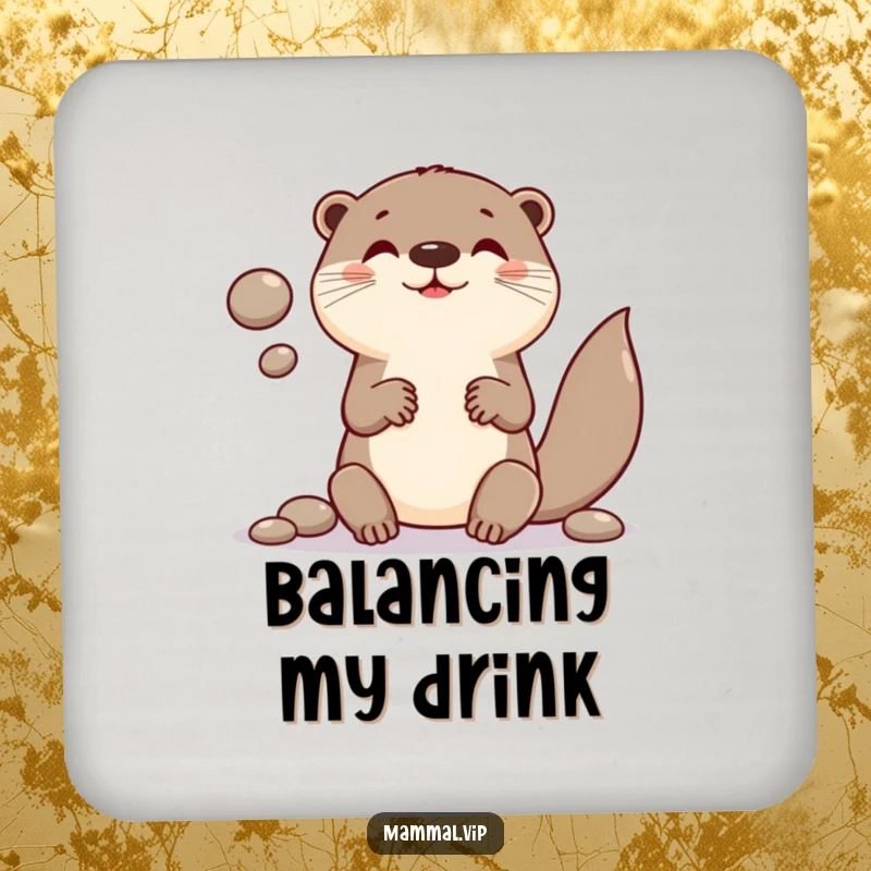 Funny drink coasters featuring a playful otter character skillfully juggling smooth, round pebbles.