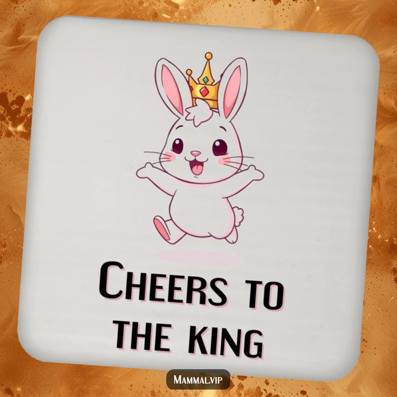 Funny drink coasters: a rabbit wearing a crown, hopping enthusiastically, adding royal flair to tables.