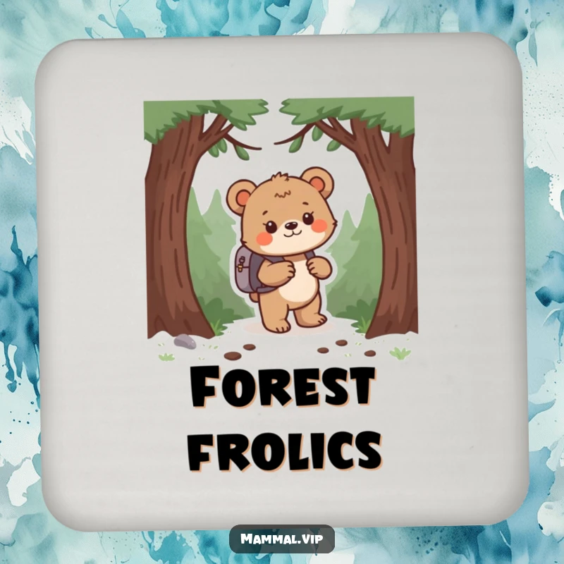 Funny bear cub with a backpack in a forest, printed on a drink coaster. A functional and funny gift.