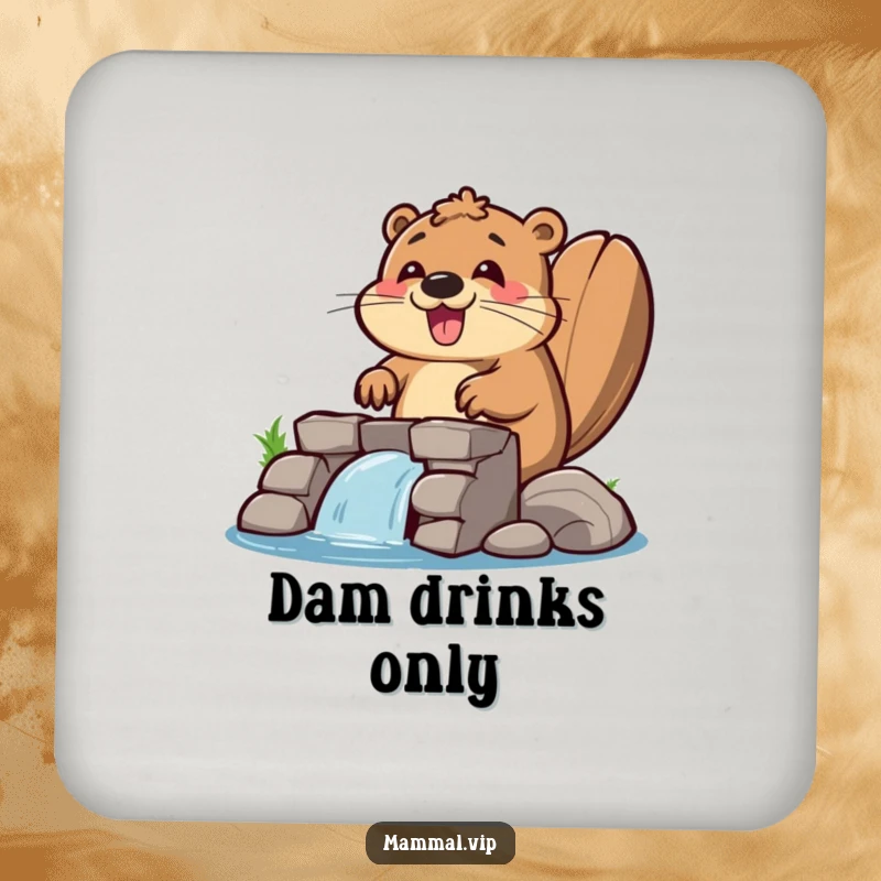 Funny beaver drink coaster featuring a happy beaver building a dam, protecting surfaces with industrious humor.