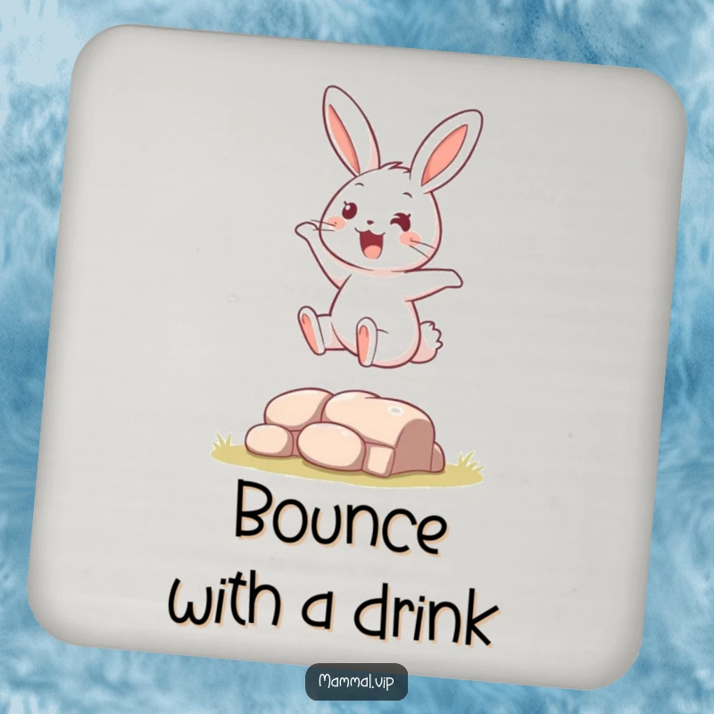 Funny Drink Coaster featuring a vibrant bouncy rabbit character leaping over a tiny obstacle, adding a humorous touch to tabletops.