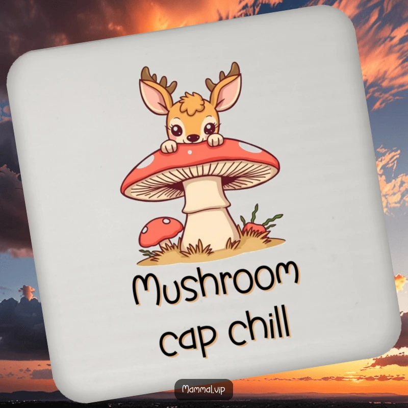 Funny deer coaster with a curious deer peeking over a stylized mushroom, providing funny protection for tabletops.