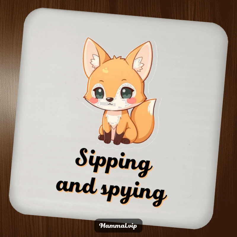 Funny curious fox drink coaster, a coaster featuring a clever fox, adding a touch of wit to tabletops.