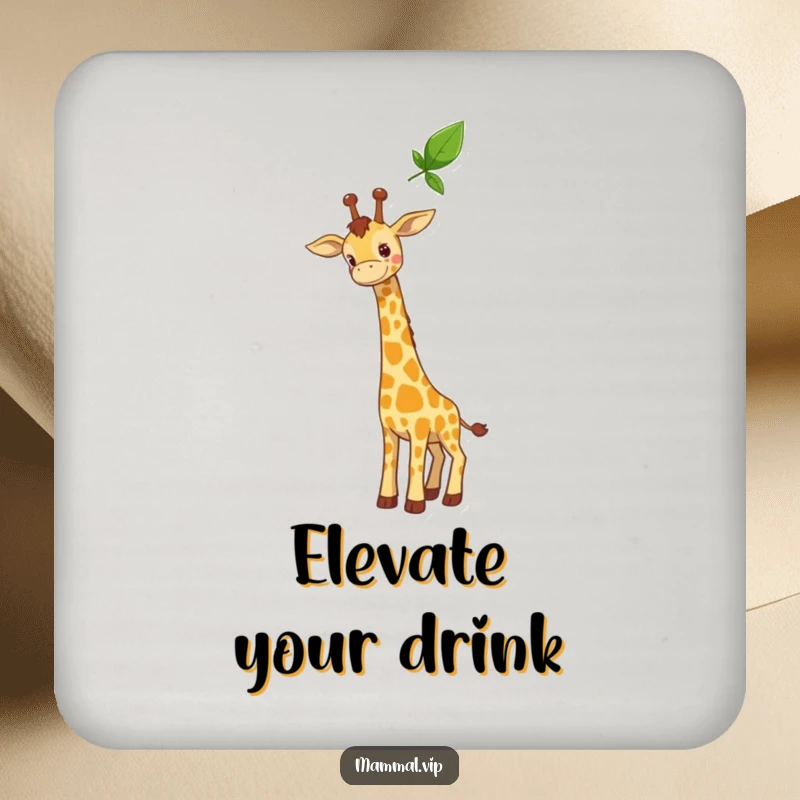 Funny drink coaster with a curious giraffe character stretching its long neck towards a high leaf, adding a decorative and protective element.