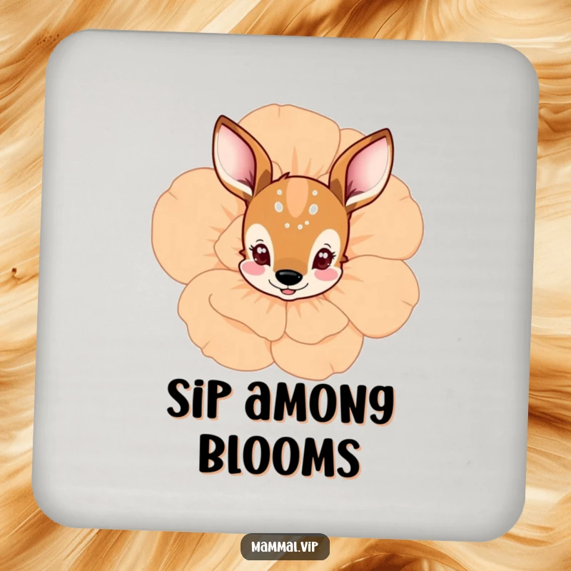 Funny deer peeking from behind a flower coaster, featuring a curious character among blooms, protects surfaces and is a funny gift.