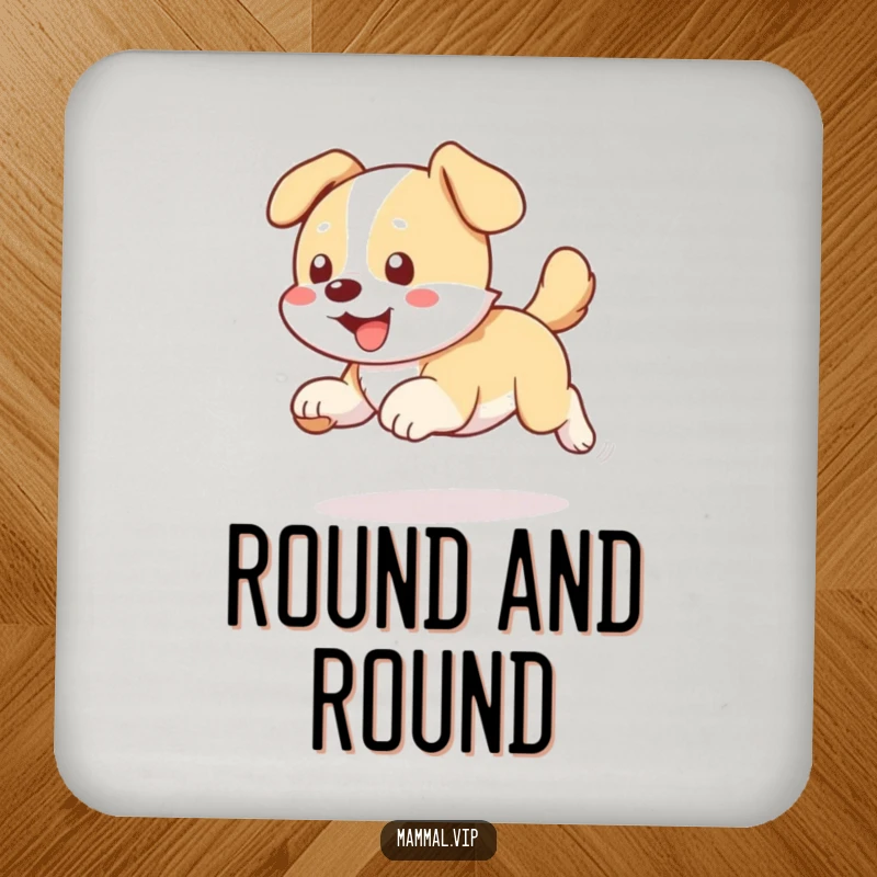 Funny dog chasing tail drink coaster, a coaster featuring a dog chasing its tail, adding humor to tabletops.