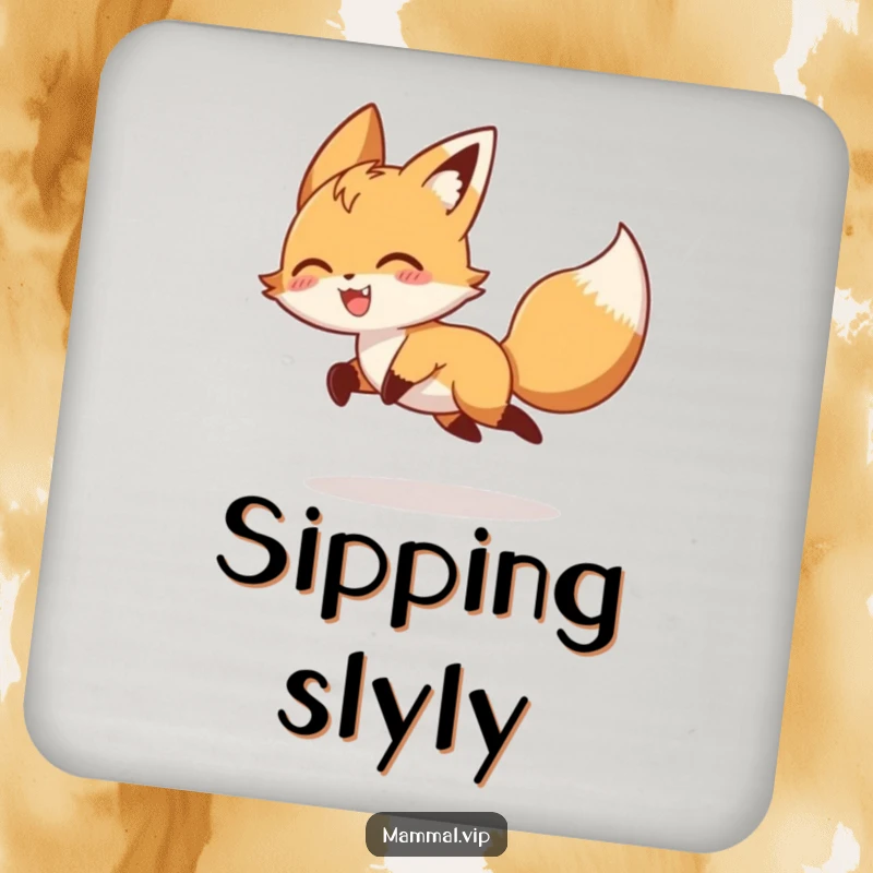 Funny playful fox character chasing its tail on a drink coaster, a humorous animal accessory and housewarming gift.