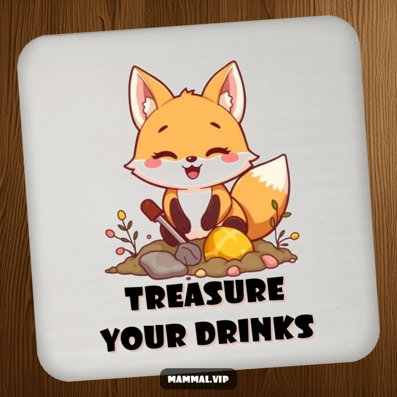 Funny fox digging for treasure coaster, featuring an excited character seeking hidden riches, protects surfaces and is a funny gift.