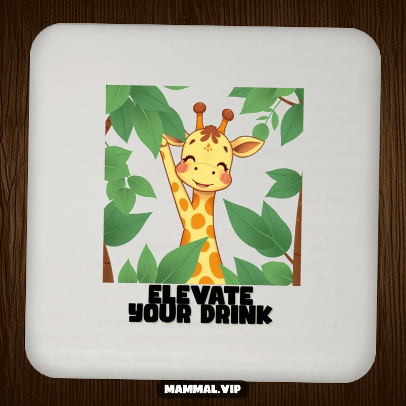 Funny Coaster with a joyful giraffe character reaching for high leaves, a practical and humorous addition to any coffee table or bar.