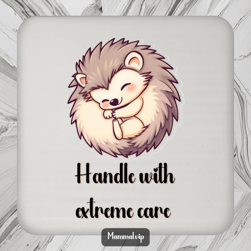 Funny hedgehog drink coaster showing a cute hedgehog character curled into a tight ball, adding a humorous and protective touch to any surface.