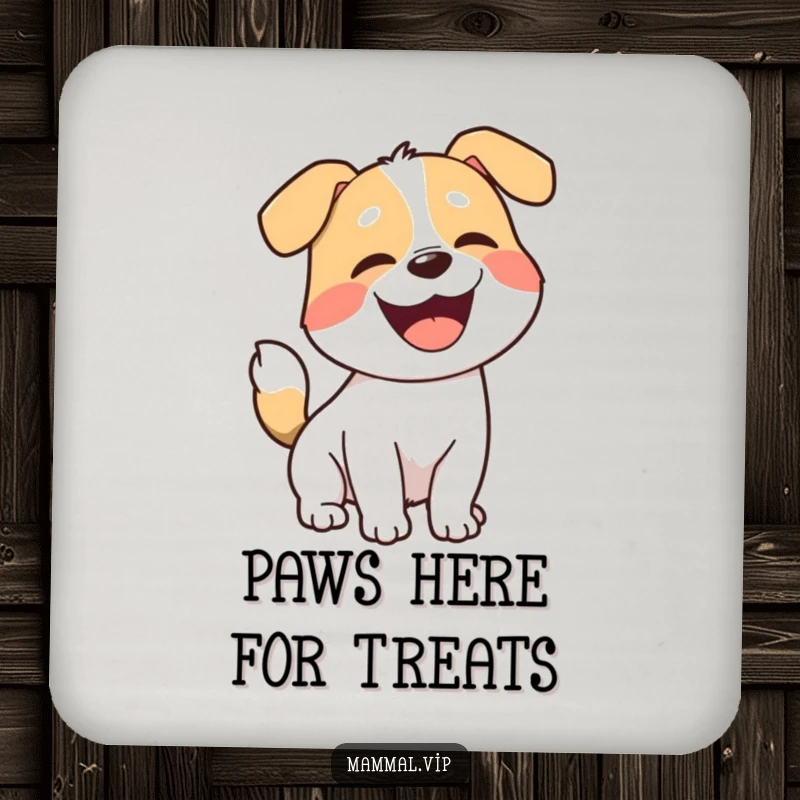 Funny dog coaster, a joyful cartoon dog with a wagging tail, barking playfully, protecting surfaces with cheer.