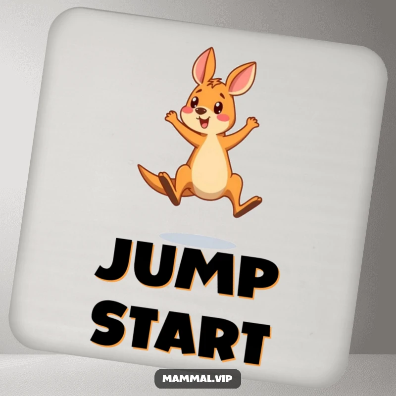 Funny drink coasters with a surprised kangaroo comically overshooting a jump, adding humor to your table settings.