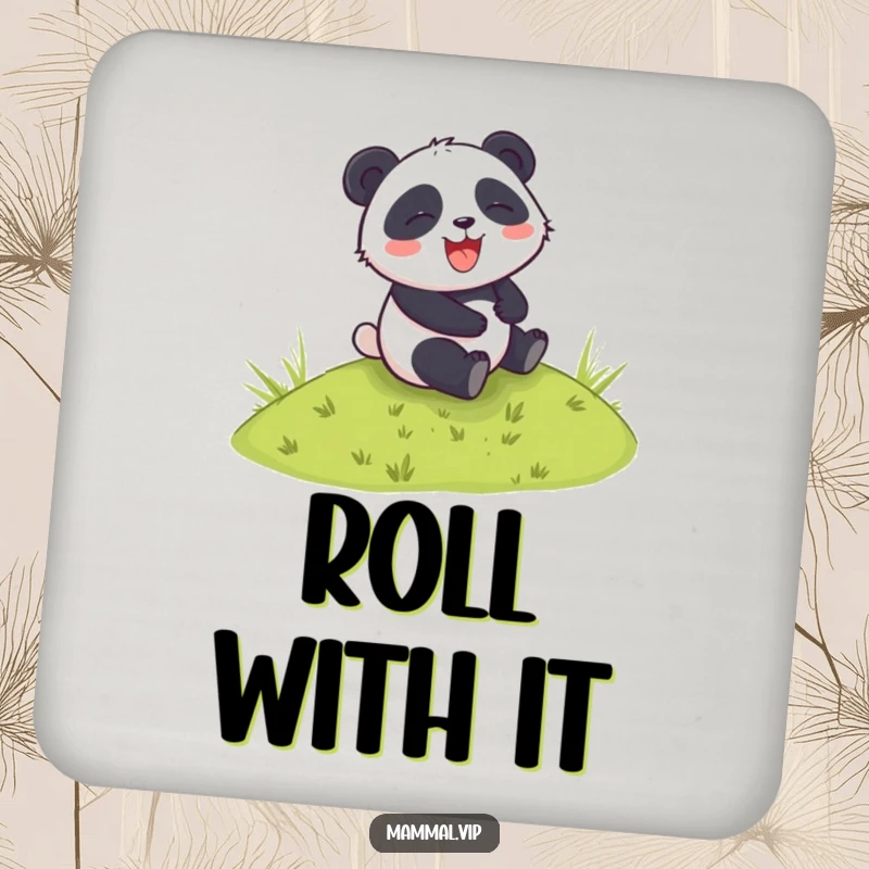 Funny drink coaster with a panda character rolling down a grassy hill, adding a humorous and protective touch to surfaces.