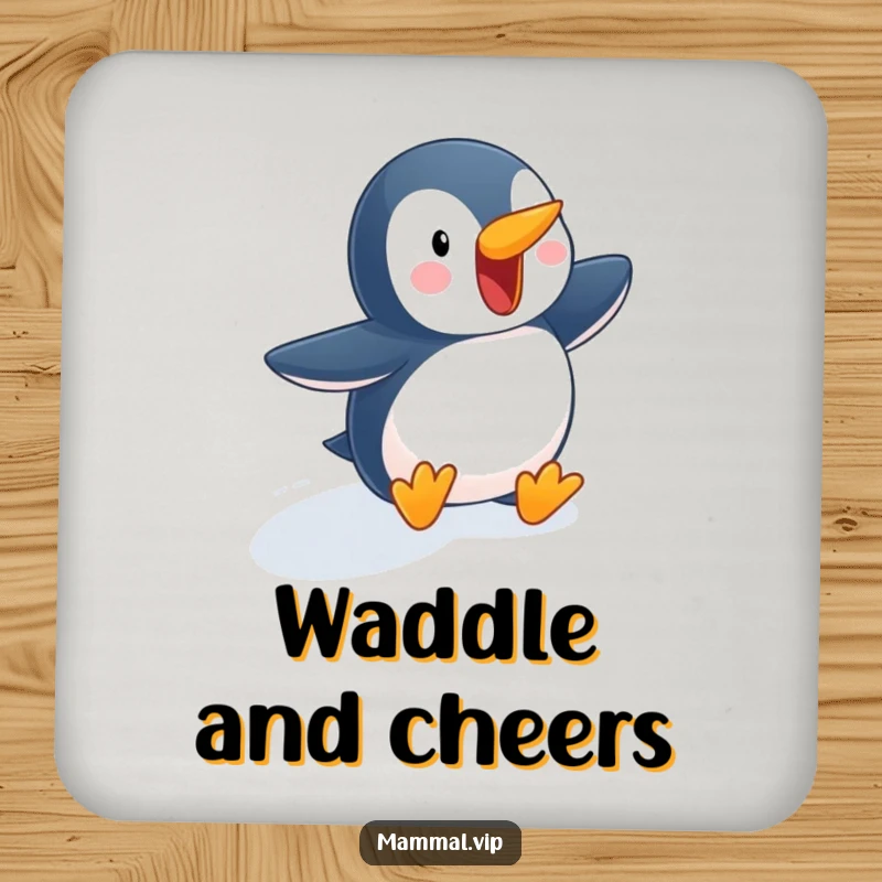 Funny penguin drink coasters featuring a character waddling down a snowy slope, offering humorous protection for surfaces and adding winter charm to any table.