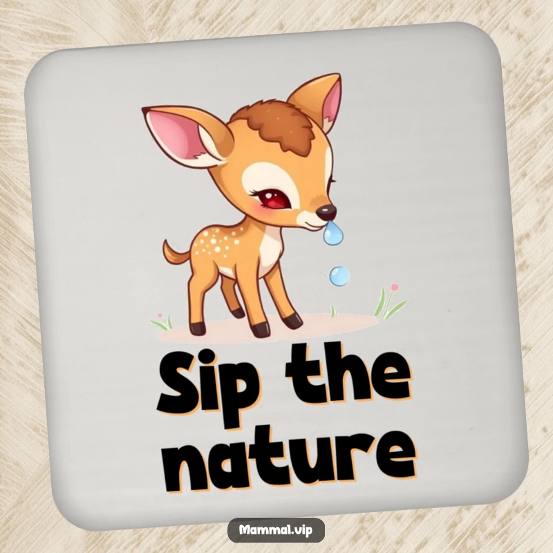 Funny shy deer fawn drink coaster featuring a gentle character cautiously sniffing a dewdrop, protecting surfaces with a peaceful, natural design.