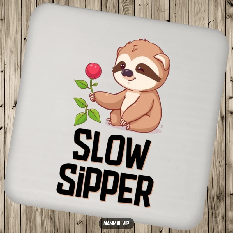 Funny drink coasters with a smiling sloth character slowly reaching for a distant berry, adding slow humor to your table.