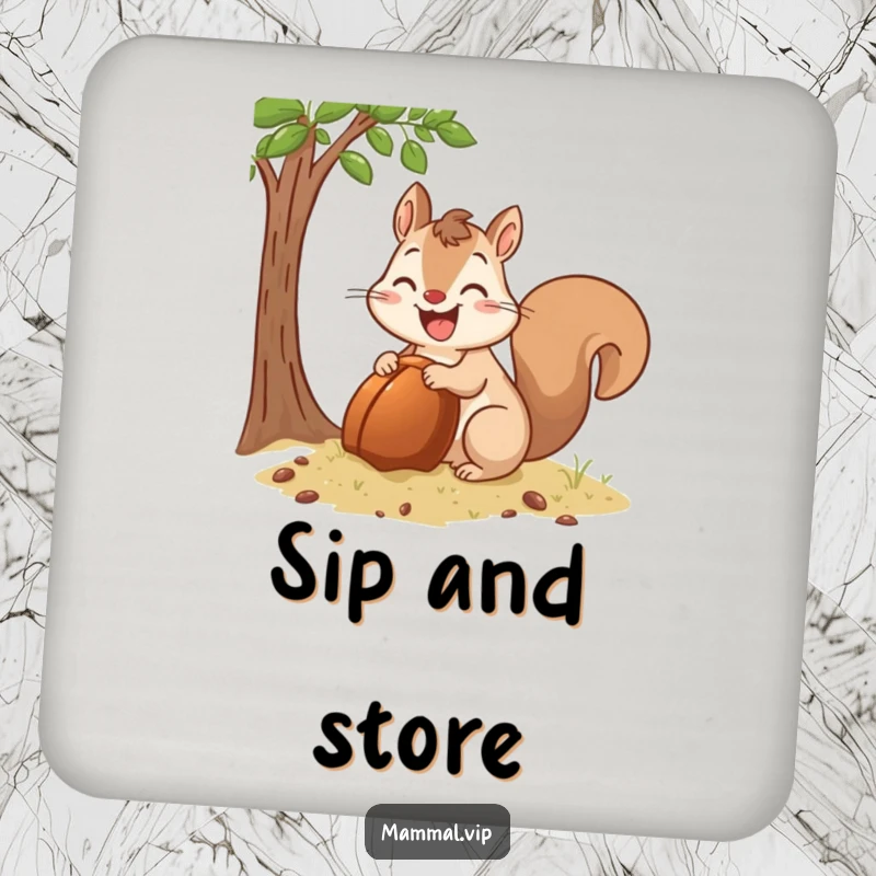 Funny Drink Coasters featuring a happy squirrel character excitedly burying a giant acorn, adding a humorous touch to table settings.