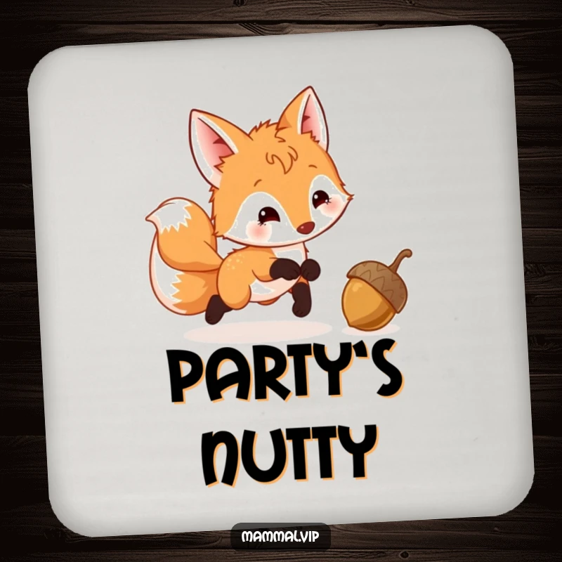 Funny Fox Cub Coaster featuring a playful cub chasing a bouncing acorn, adding a touch of forest charm to drink surfaces.