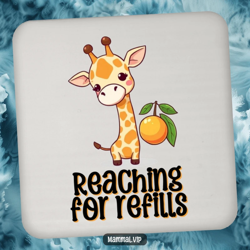 Funny drink coasters depicting a cute giraffe character comically stretching for a low-hanging fruit, adding humorous animal decor.