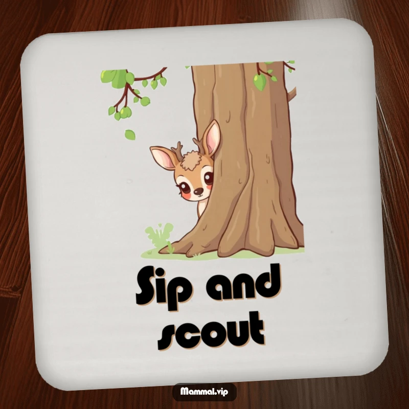 Funny deer illustration peeking, a humorous coaster for nature-themed settings.