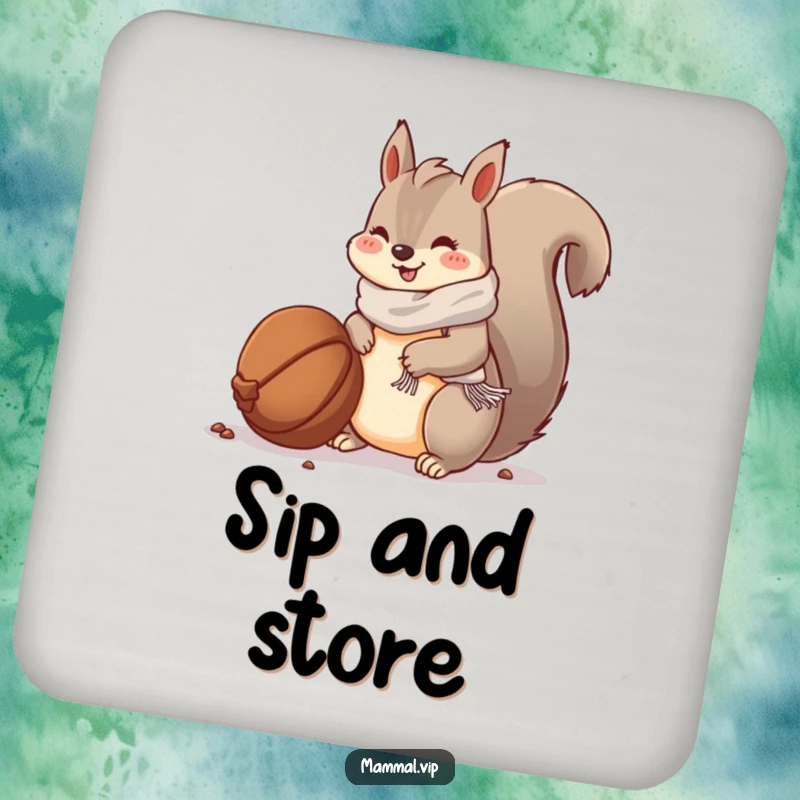 Funny drink coasters: a squirrel with a scarf burying a nut, protecting tables with winter humor.