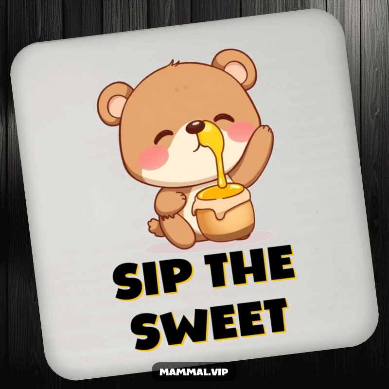 Funny Drink Coasters featuring a giggling bear character balancing a honey pot on its nose, adding a sweet touch.