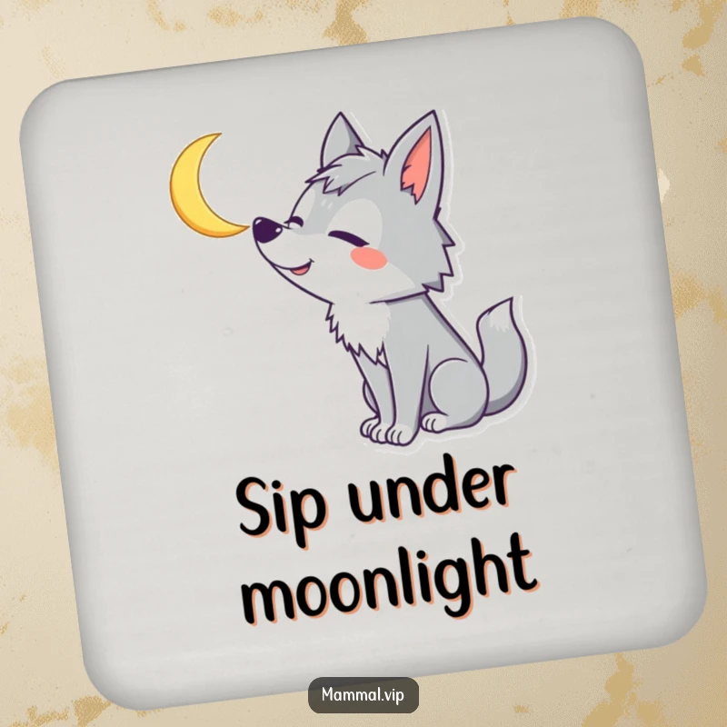 Funny Wolf Coaster: Goofy wolf character howls at a crescent moon, offering protection and a humorous touch to your drinks.