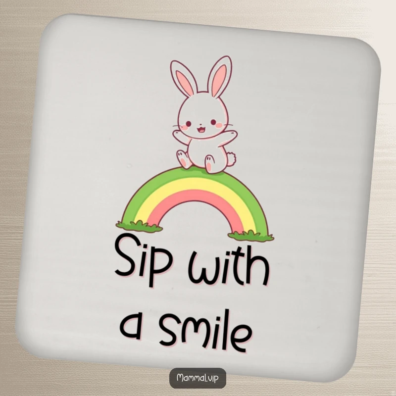 Funny rabbit rainbow hop coaster, featuring a cute character joyfully hopping over a rainbow, protects surfaces and is a funny gift.