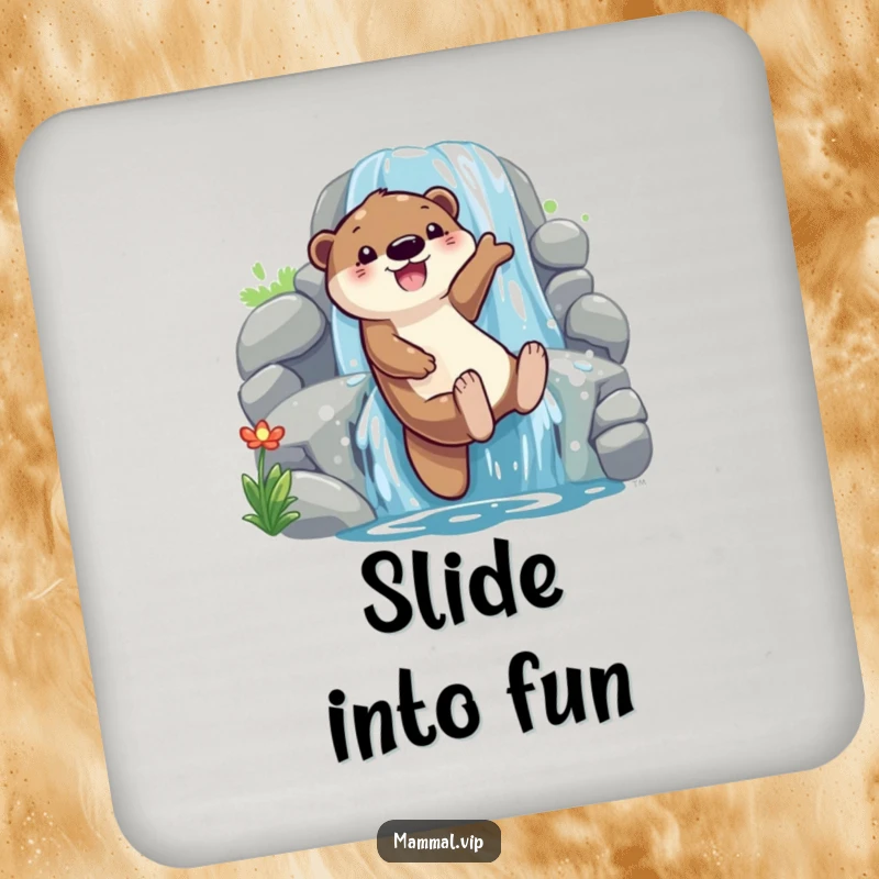 Funny otter sliding down a waterfall coaster, featuring a playful character with glee, protects surfaces and is a funny gift.