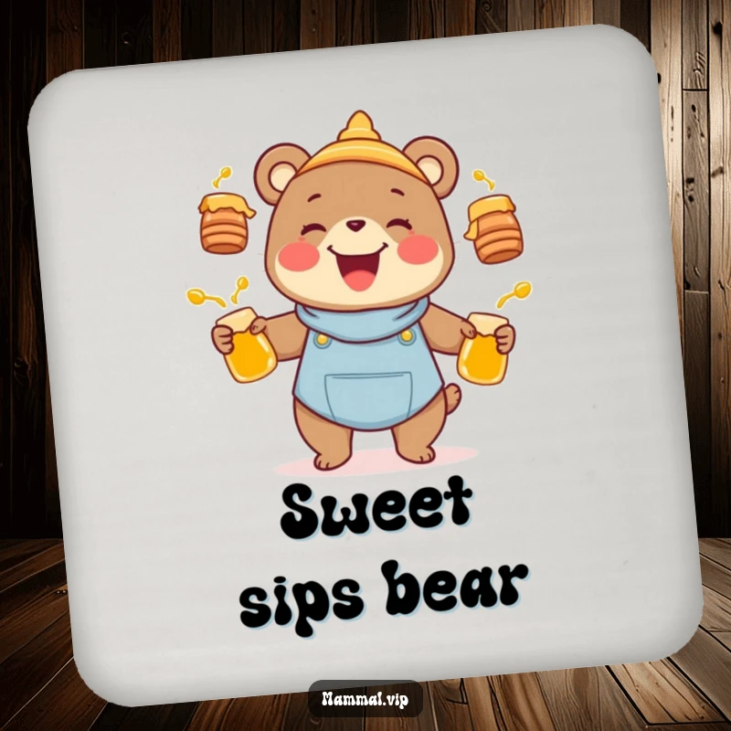 Funny joyful bear character juggling honey pots on a drink coaster, a humorous animal accessory and housewarming gift.