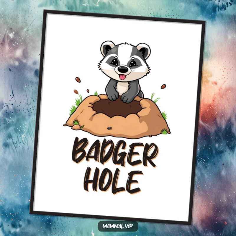 Funny poster art of a determined badger character digging a comically huge hole, a whimsical illustration of ambition.