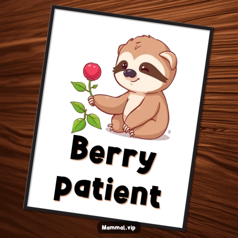 Funny poster featuring a smiling sloth slowly reaching for a distant berry, a humorous illustration promoting patience and achievement.