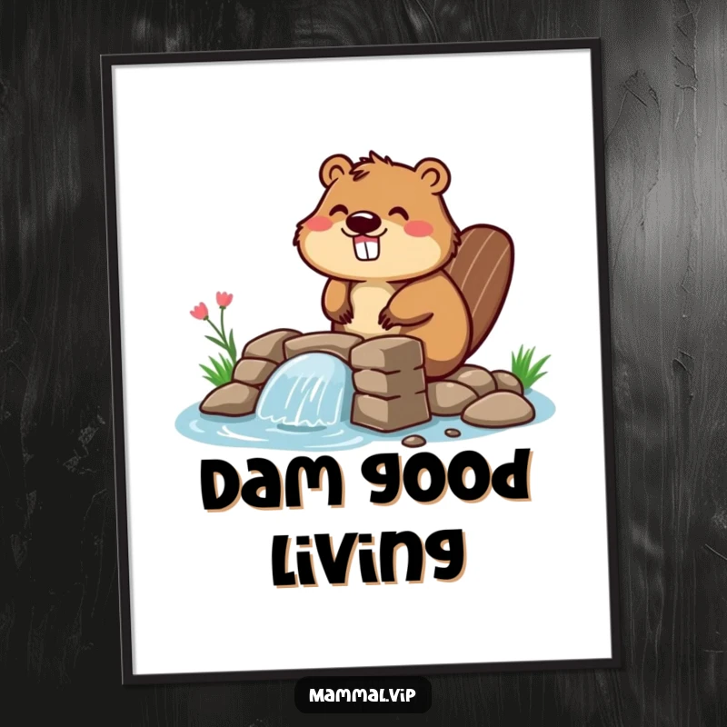 Funny beaver poster of a happy character enthusiastically building a small dam, adding a humorous and uplifting touch to any wall space.
