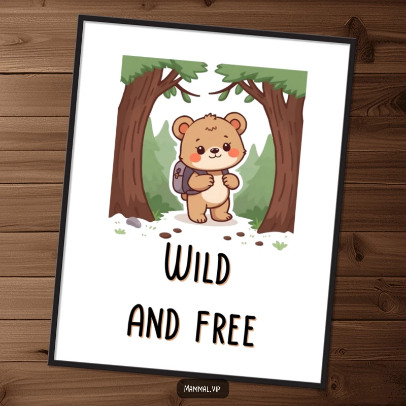 Funny bear cub with backpack, exploring a whimsical forest, printed as wall art. A delightful funny gift.