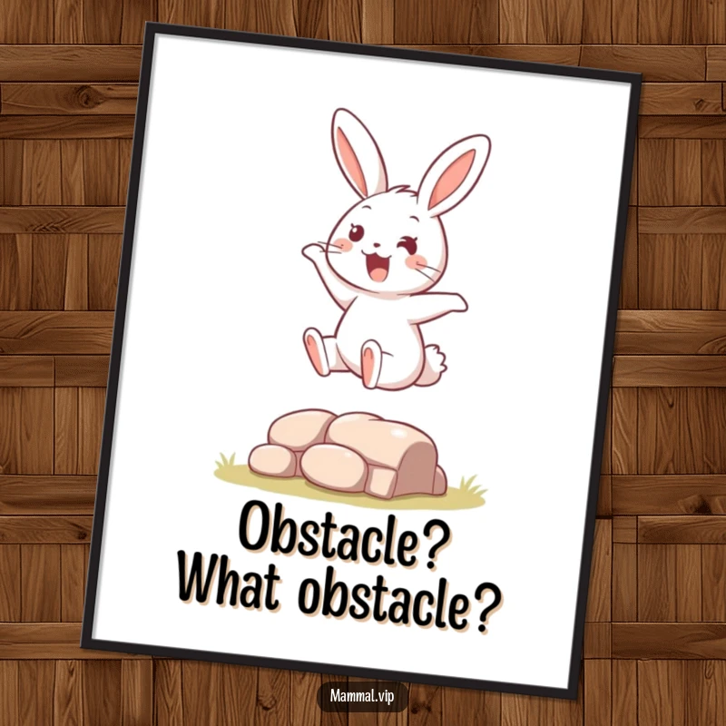 Funny Poster print depicting a happy, bouncy rabbit character enthusiastically leaping over a small, simple obstacle, full of life.