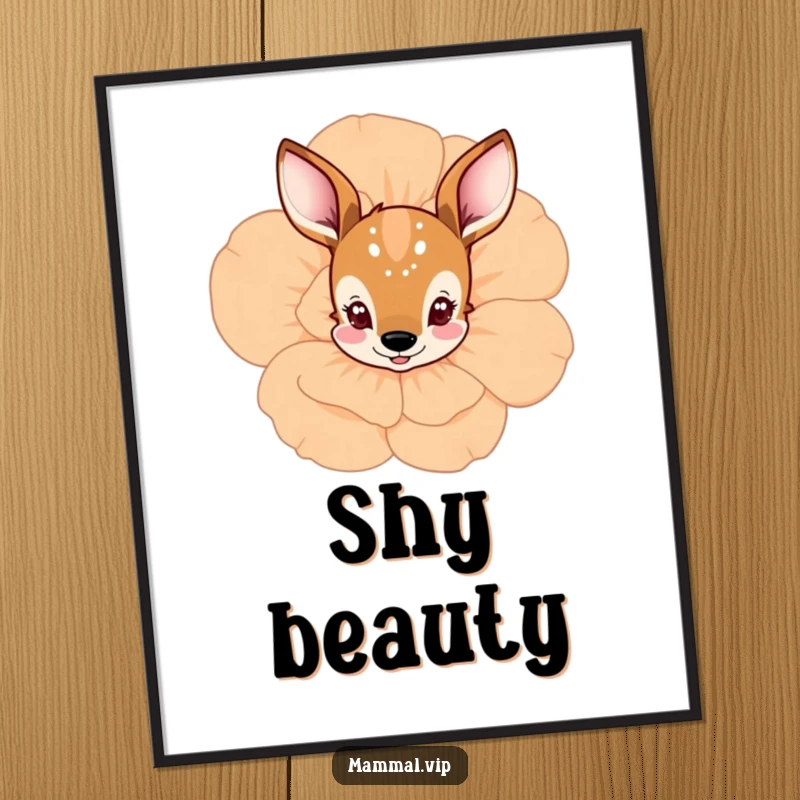 Funny deer peeking from behind a flower poster, featuring a curious character among blooms, serene wall art and a funny gift.